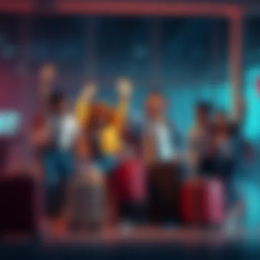 A group of relieved people celebrating the end of a scam, with luggage packed for future travels.