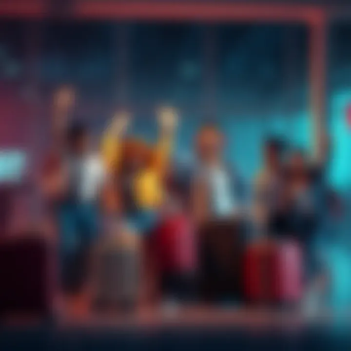 A group of relieved people celebrating the end of a scam, with luggage packed for future travels.