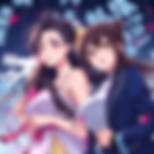 Illustration of strong female leads in a dynamic enemies to lovers setting, showcasing intense emotions and colorful anime art style.