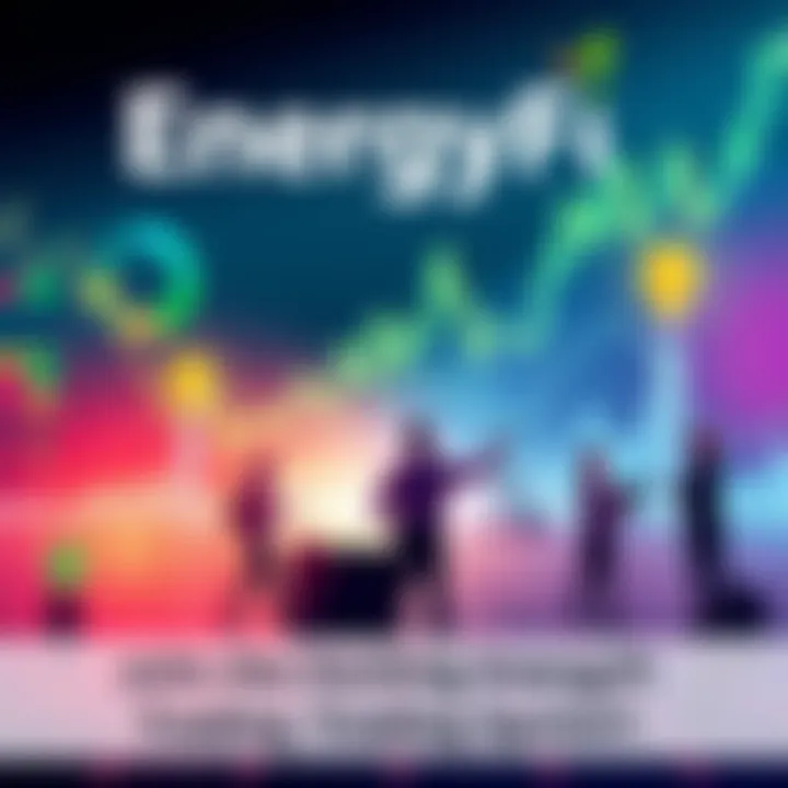 Illustration showing traders engaging in energy market activities, with symbols for crude oil, natural gas, and clean energy. The background features a digital trading interface with graphs and reward...
