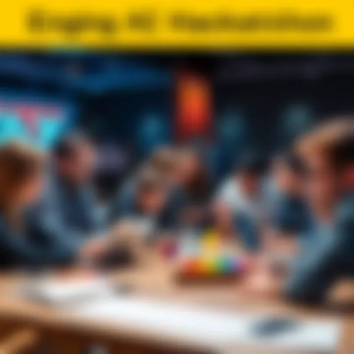 Engaging AI Hackathon Concept A group of people brainstorming ideas for an AI hackathon, with laptops and creative materials around them. They look excited and engaged in the process of designing innovative solutions to improve wa...