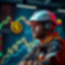 A thoughtful engineer looks at financial charts and USDC logo while contemplating salary investment in digital currency.