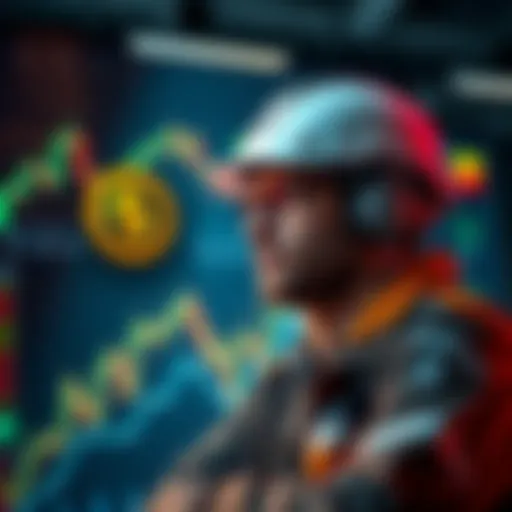 A thoughtful engineer looks at financial charts and USDC logo while contemplating salary investment in digital currency.