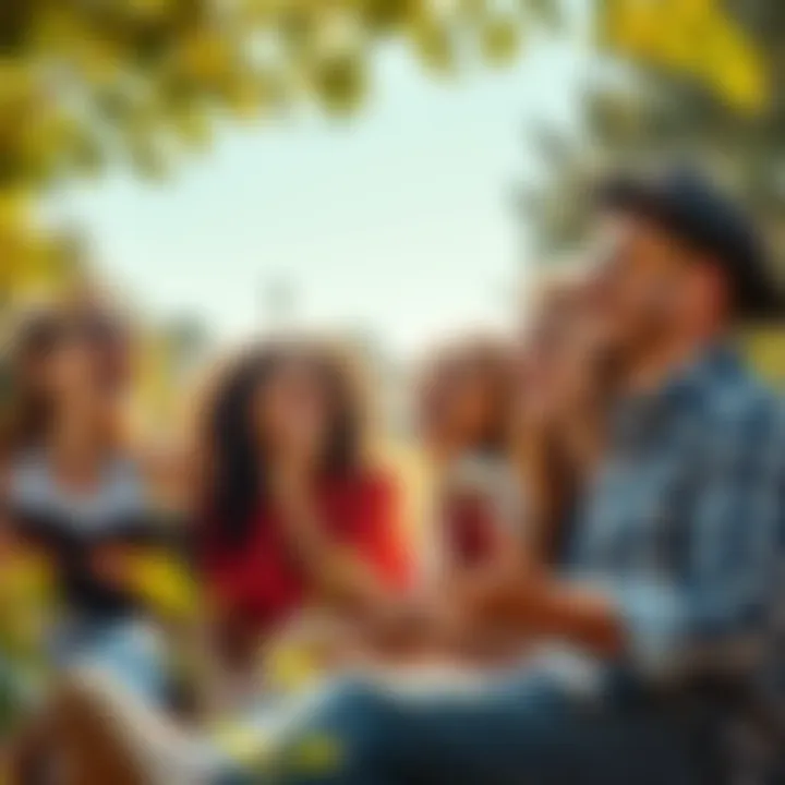 A group of friends laughing and listening to music in a sunny park, surrounded by nature.