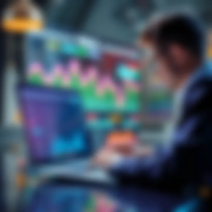 A person analyzing data on a laptop with graphs and charts representing yield pools in the background.