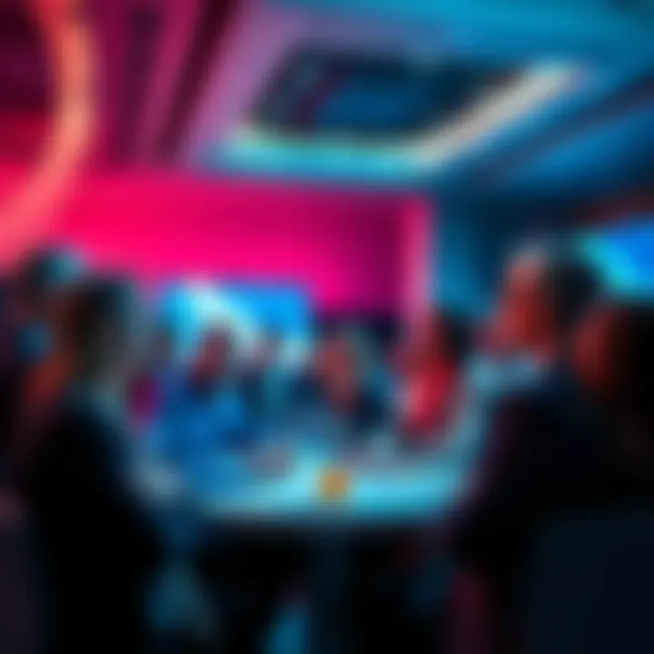 Group of professionals discussing enterprise blockchain at the Consensus conference, showcasing a dynamic exchange of ideas
