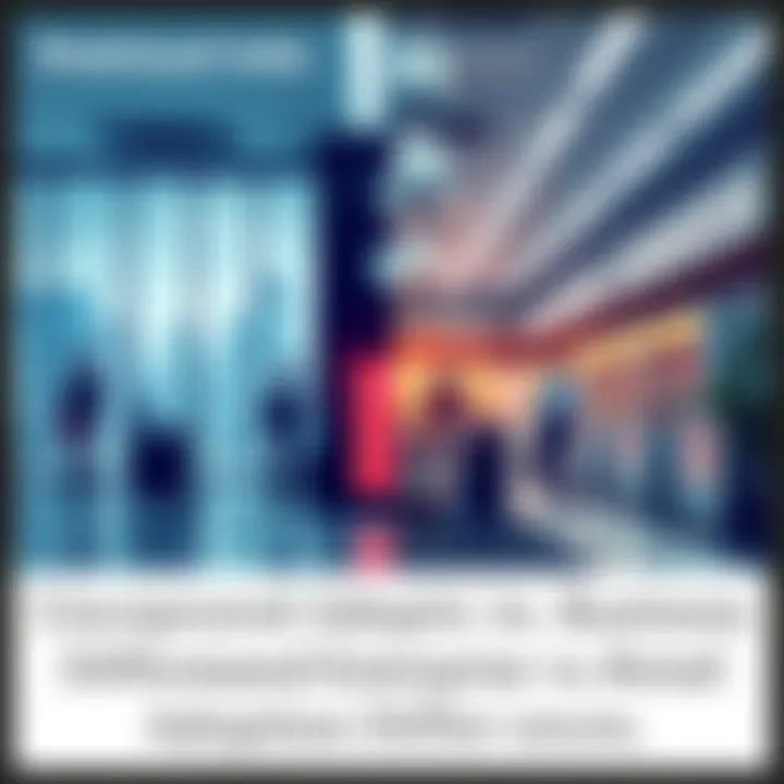 A split image showing a corporate office on one side and a retail store on the other, illustrating the differences in business adoption strategies.