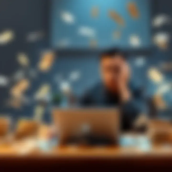 An entrepreneur sitting at a desk with a laptop and stacks of money, looking worried as papers scatter around him, symbolizing financial loss after a big success.