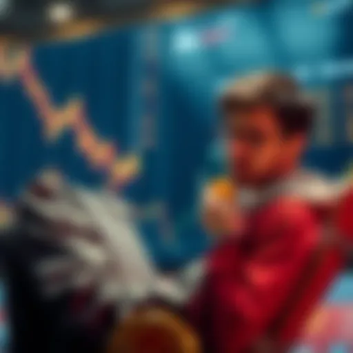 An equities investor reviewing cryptocurrency options with graphs and charts in the background