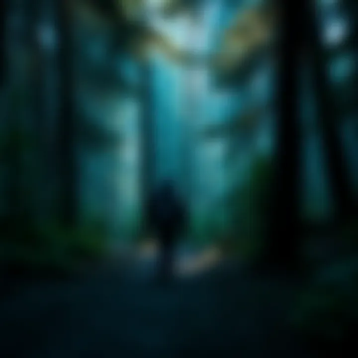 Person escaping into nature A person walking away into a secluded forest, symbolizing the idea of disappearing after gaining wealth from cryptocurrency.