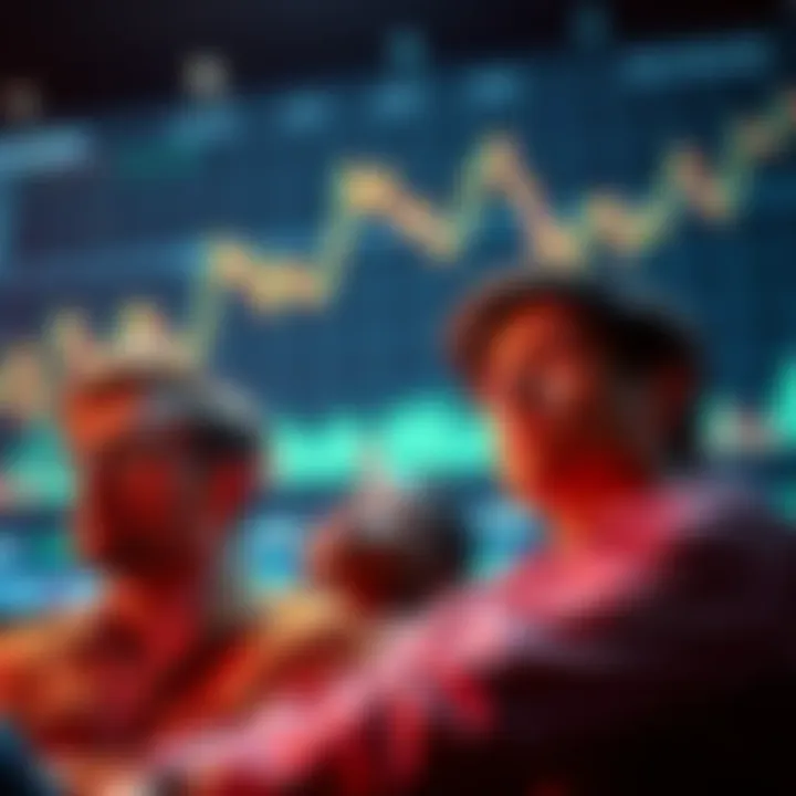 Investors looking worried about missing dividend payments for EthB tokens, with graphs showing fluctuating market trends in the background.