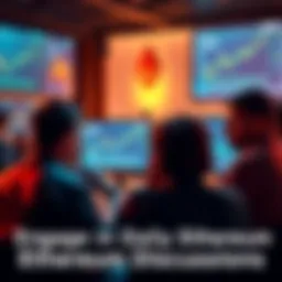 Group of people engaging in a discussion about Ethereum with charts and news on screens