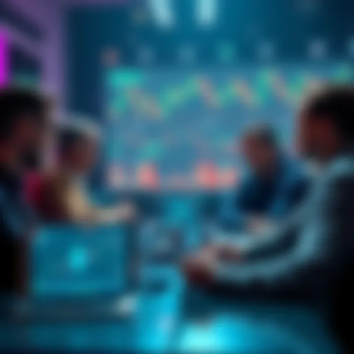 A group of people engaged in a discussion about Ethereum, with laptops and charts in the background showing price updates and trends.