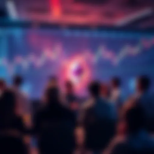 A group of people engaged in a discussion about Ethereum, with charts and graphs showing price trends in the background.