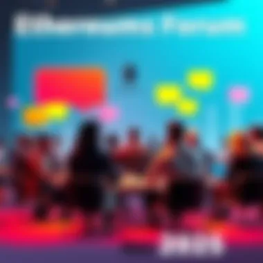 A group of people discussing Ethereum topics in a forum setting with chat bubbles and laptops.