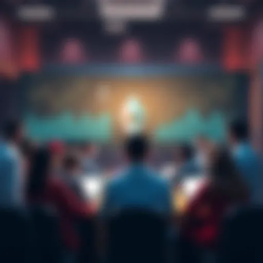 A group of people engaging in a lively discussion about Ethereum topics, surrounded by charts and graphs representing market trends.