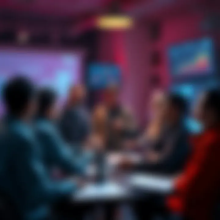 A group of people engaged in a lively discussion about Ethereum with charts and news articles around them