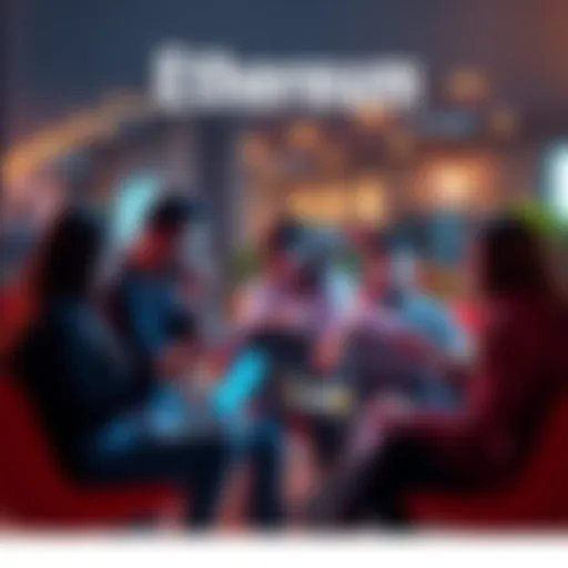 A group of people chatting about Ethereum with laptops and phones in a casual setting.