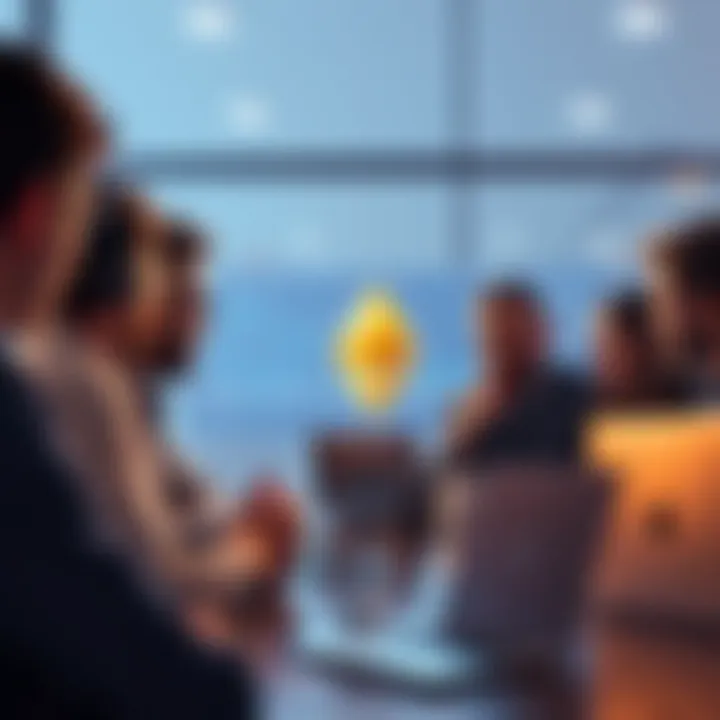 A group of people discussing Ethereum, with laptops and digital charts in the background.