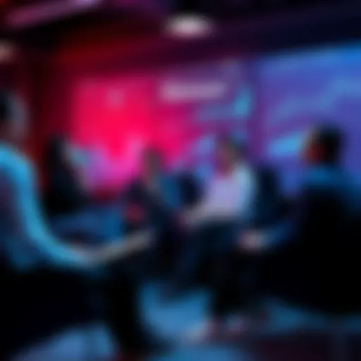 A group of people discussing Ethereum in a relaxed setting, with charts and digital graphics in the background, sharing ideas and updates.