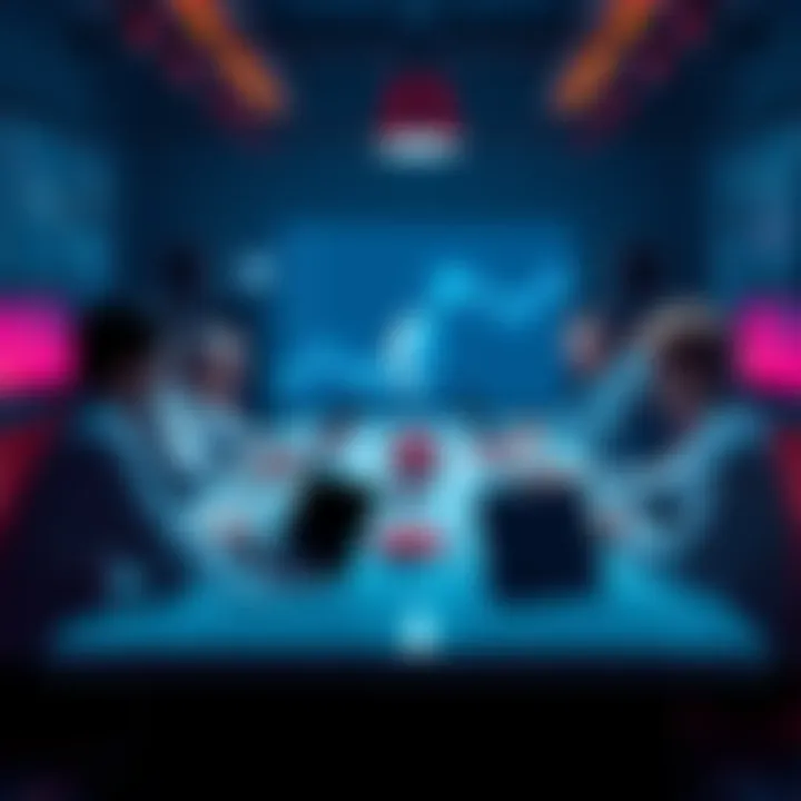 A group of people discussing Ethereum developments around a table with laptops and charts