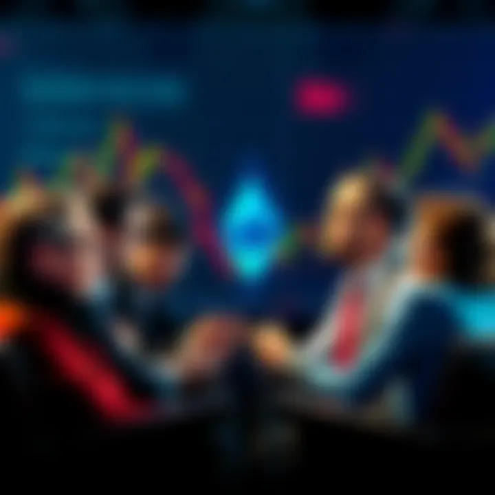 A group of people discussing Ethereum investment motivations, focusing on price and technology aspects, with charts in the background.