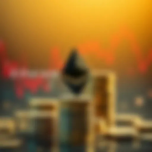 A visual representation of Ethereum's price drop, depicting fear in the market while highlighting investment opportunities, symbolized by stacking coins in the background.