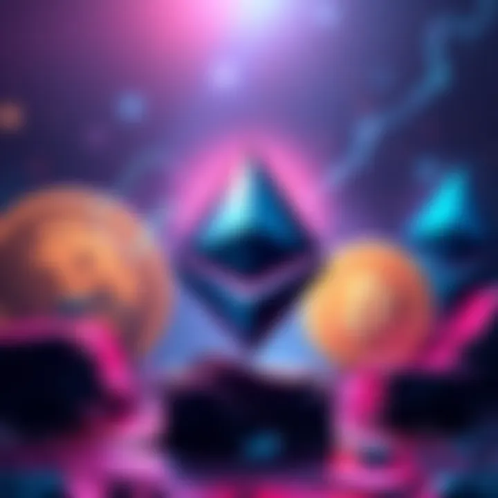 Illustration showing Ethereum logo falling below other cryptocurrency logos, representing its drop to third place.