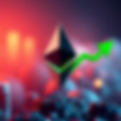 Ethereum logo with a green upward arrow indicating value increase
