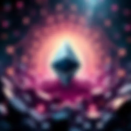 An illustration showing Ethereum's logo with a bright background symbolizing innovation, with blockchain elements around it.