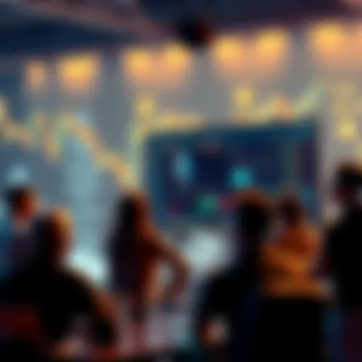 A vibrant online forum scene with people sharing ideas about Ethereum and crypto, featuring trading charts and digital coins in the background.