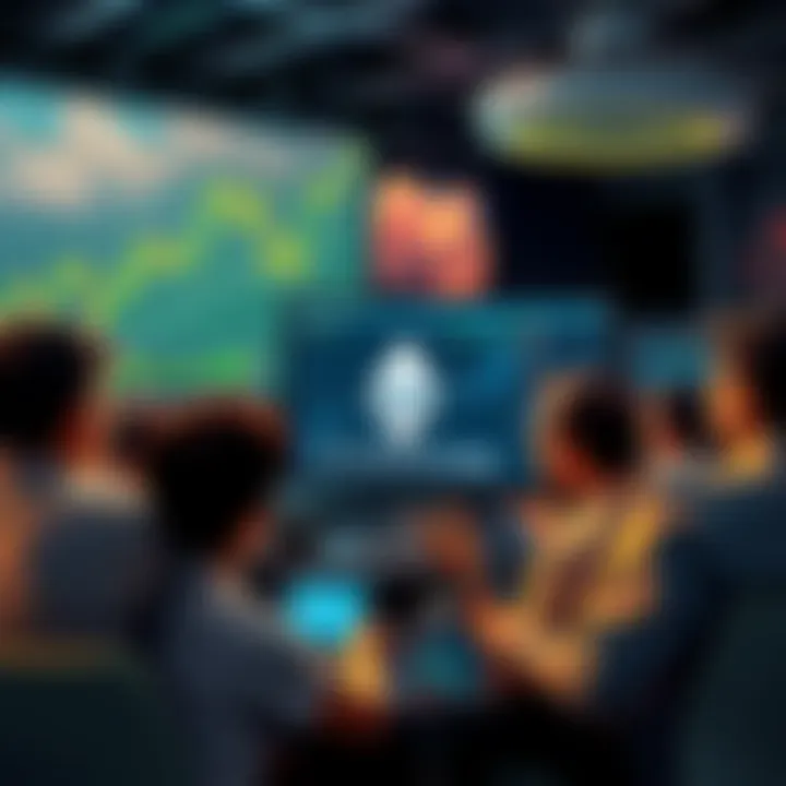 Ethereum Daily Discussion A group of people engaging in a discussion about Ethereum with charts and price data on screens.