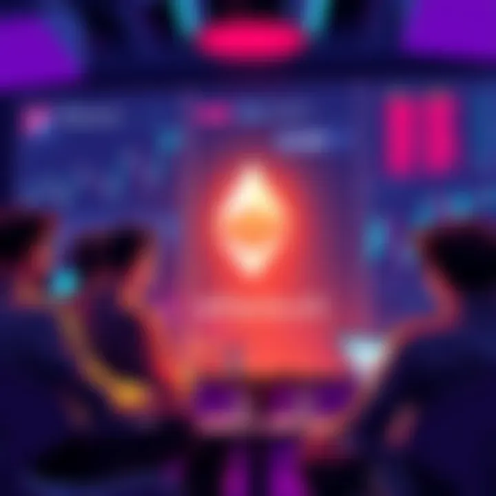 People engaging in a discussion about Ethereum with charts and news articles in the background.
