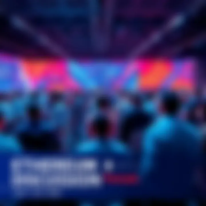 A diverse group of people discussing Ethereum and cryptocurrency at a vibrant forum setting, with digital screens displaying current pricing and news updates.