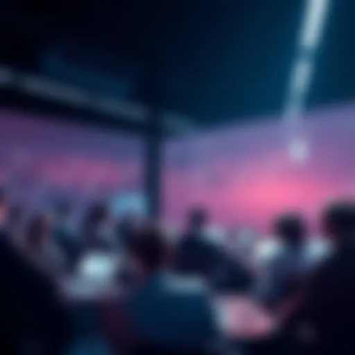 A group of people engaging in discussion about Ethereum, with charts and news articles visible on screens.