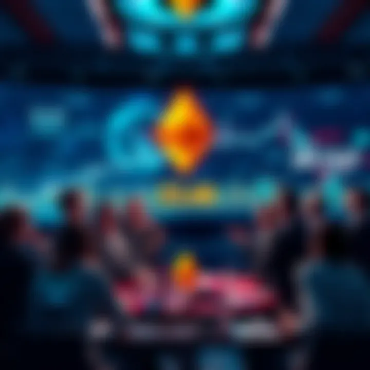 A group of people engaging in discussion about Ethereum, sharing news and updates, with digital screens showing Ethereum prices and graphs in the background.