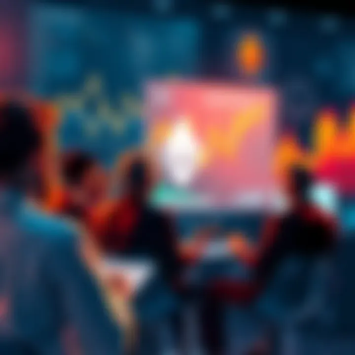 A group of people discussing Ethereum with charts and graphics in the background