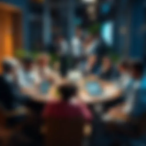 A diverse group of people discussing Ethereum news and trends at a round table with laptops and notebooks
