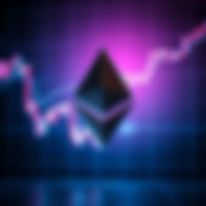 Ethereum symbol in front of a graph showing a downward trend in the cryptocurrency market, representing investor sentiments