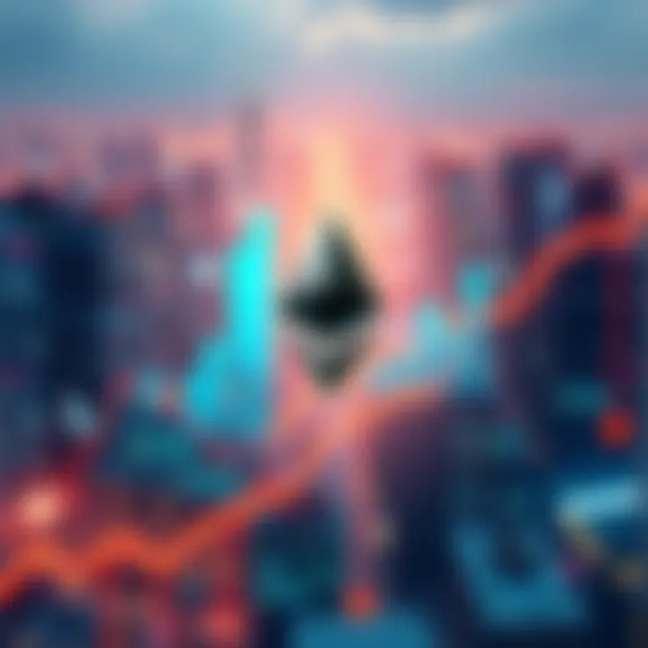 A visual representation of Ethereum's growth potential with charts and a futuristic city background