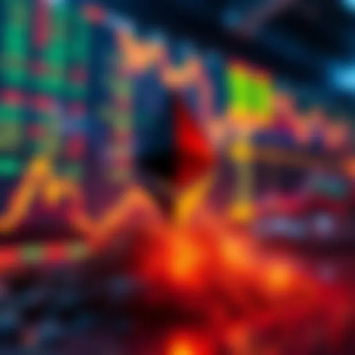 A graphic showing a downward trend in Ethereum prices due to geopolitical events, with a background of a volatile stock market.