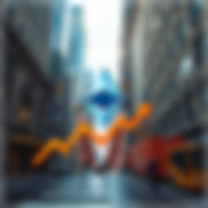 A graphic showing Ethereum's logo with an upward trend arrow, symbolizing a price increase, and a background of Wall Street buildings.