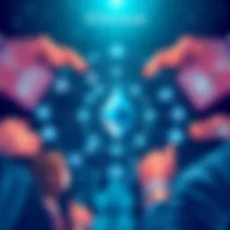 An illustration showing interconnected technology symbols representing Ethereum and sanctuary technologies, surrounded by images of people working together.