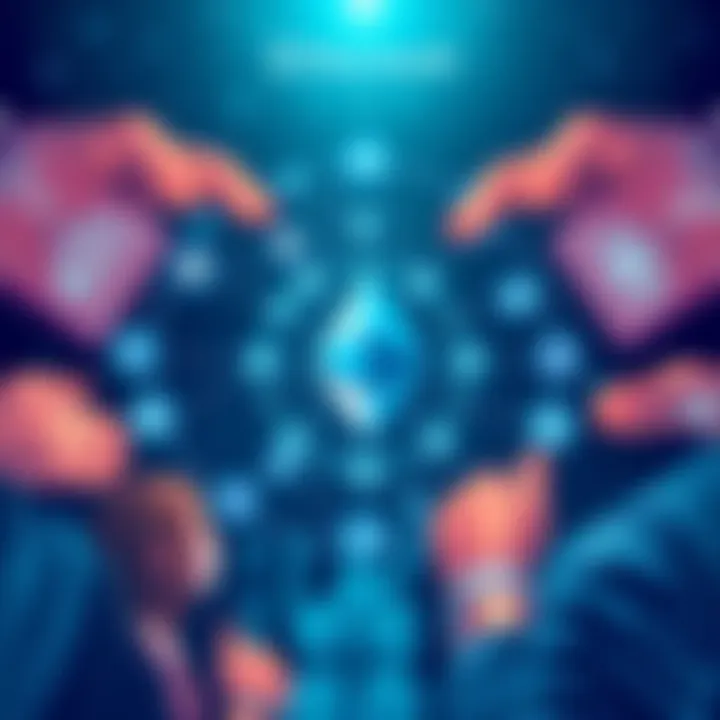 An illustration showing interconnected technology symbols representing Ethereum and sanctuary technologies, surrounded by images of people working together.