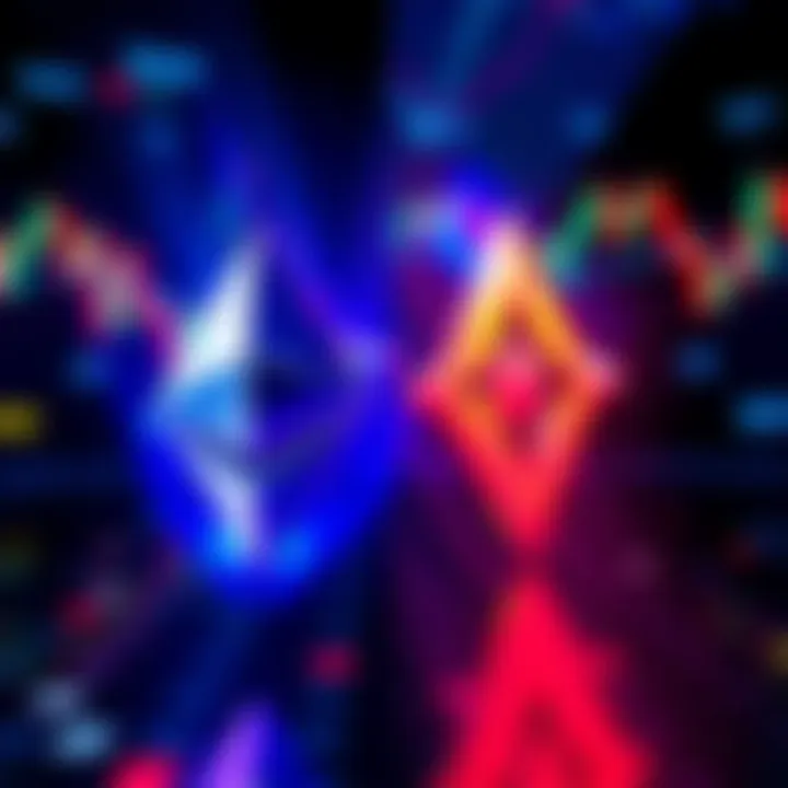 Illustration showing a split image of Ethereum and Solana logos with investment charts in the background