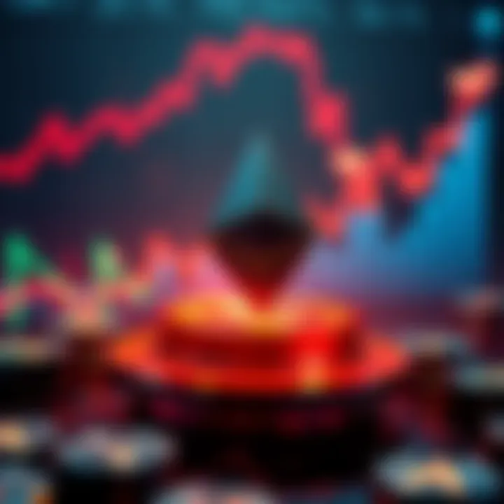 A graphic showing Ethereum's staked ETH reaching 30% of total supply, with a background of rising cryptocurrency charts and a growing queue indicator.