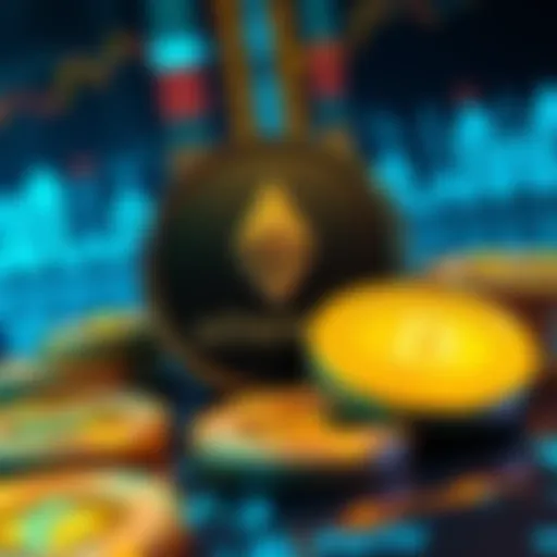 Illustration showing Ethereum coins over a digital background with a visual representation of a staking pool.