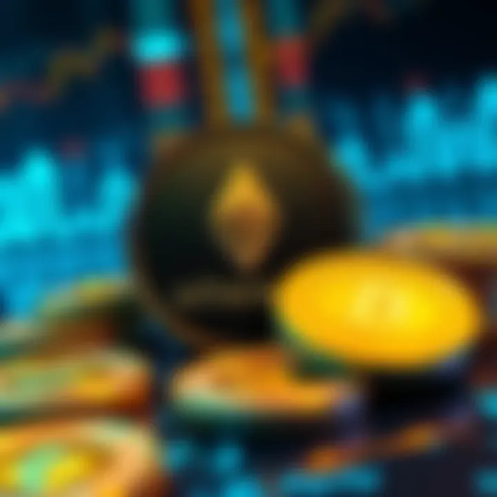 Ethereum Staking Pool Concept Illustration showing Ethereum coins over a digital background with a visual representation of a staking pool.