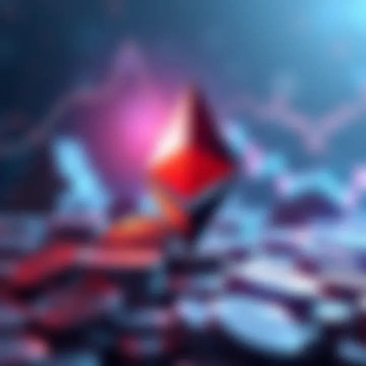 Illustration of Ethereum symbol with coins representing tokenized assets, showing a market chart indicating growth