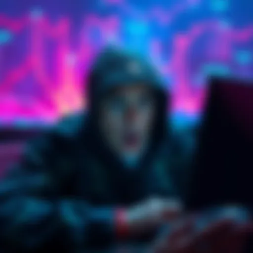 A graphic depicting a person looking shocked at their computer screen over a massive cryptocurrency loss